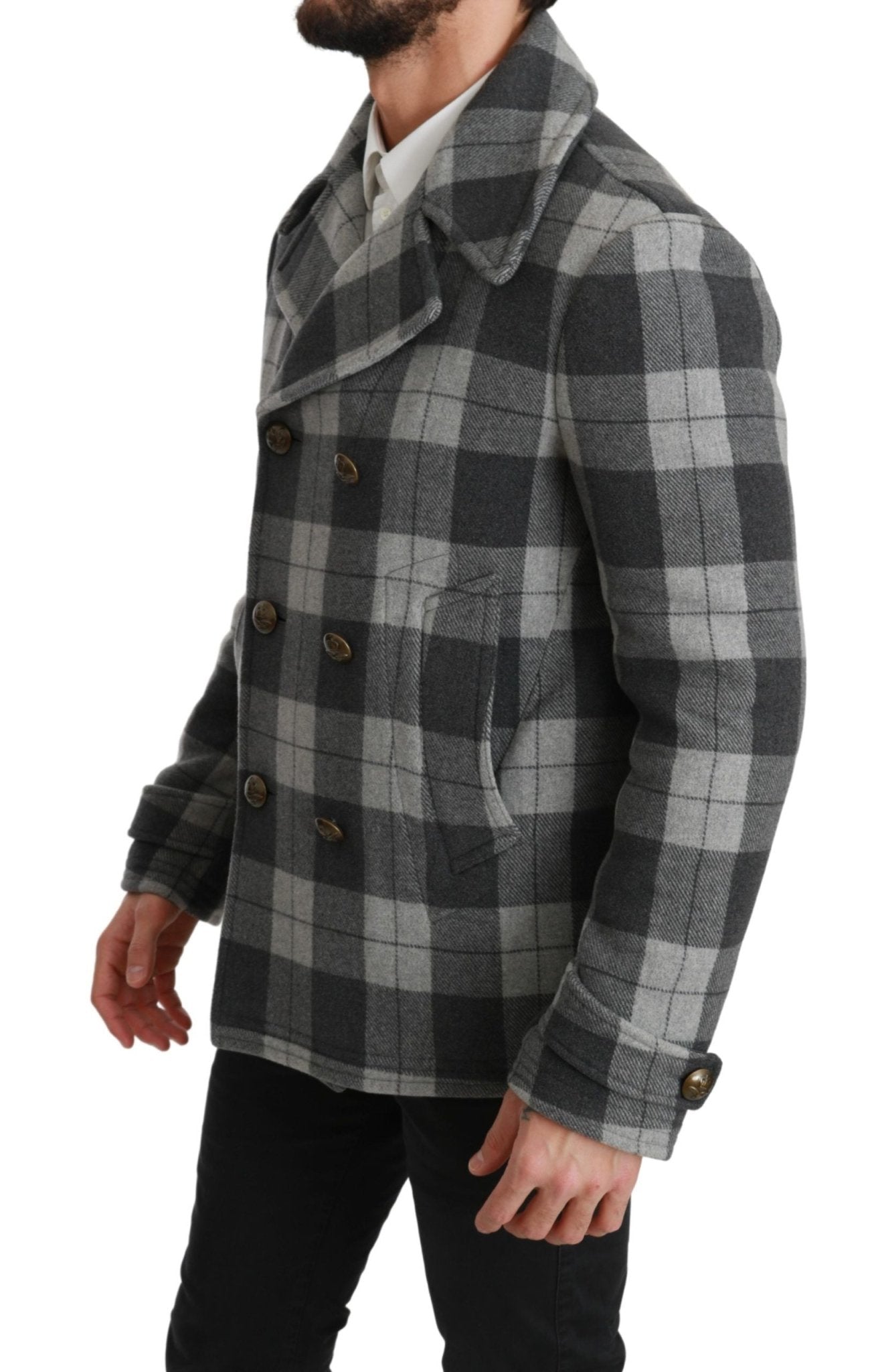 Dolce & Gabbana Elegant Gray Check Double Breasted Coat - Sandy Store ByNet