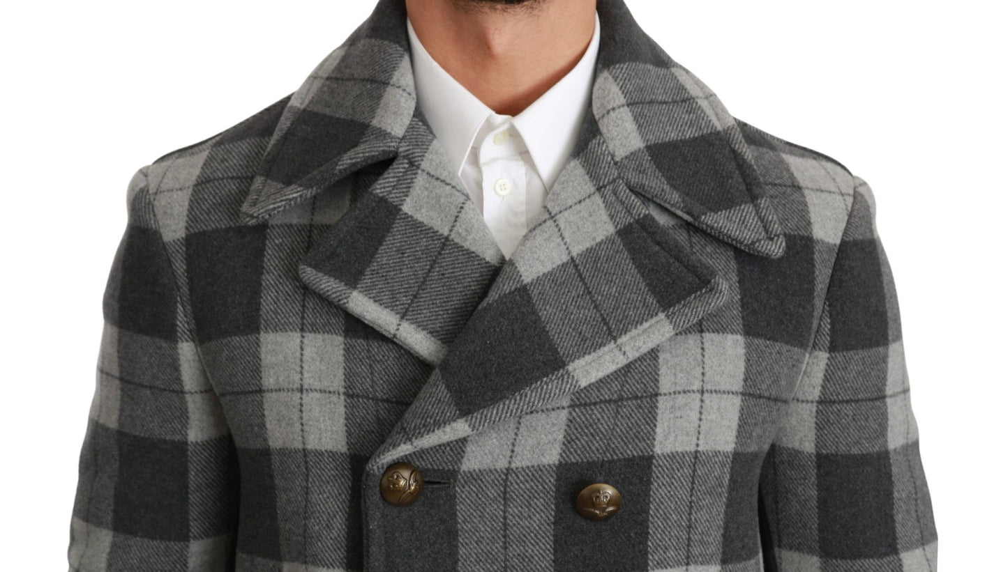 Dolce & Gabbana Elegant Gray Check Double Breasted Coat - Sandy Store ByNet