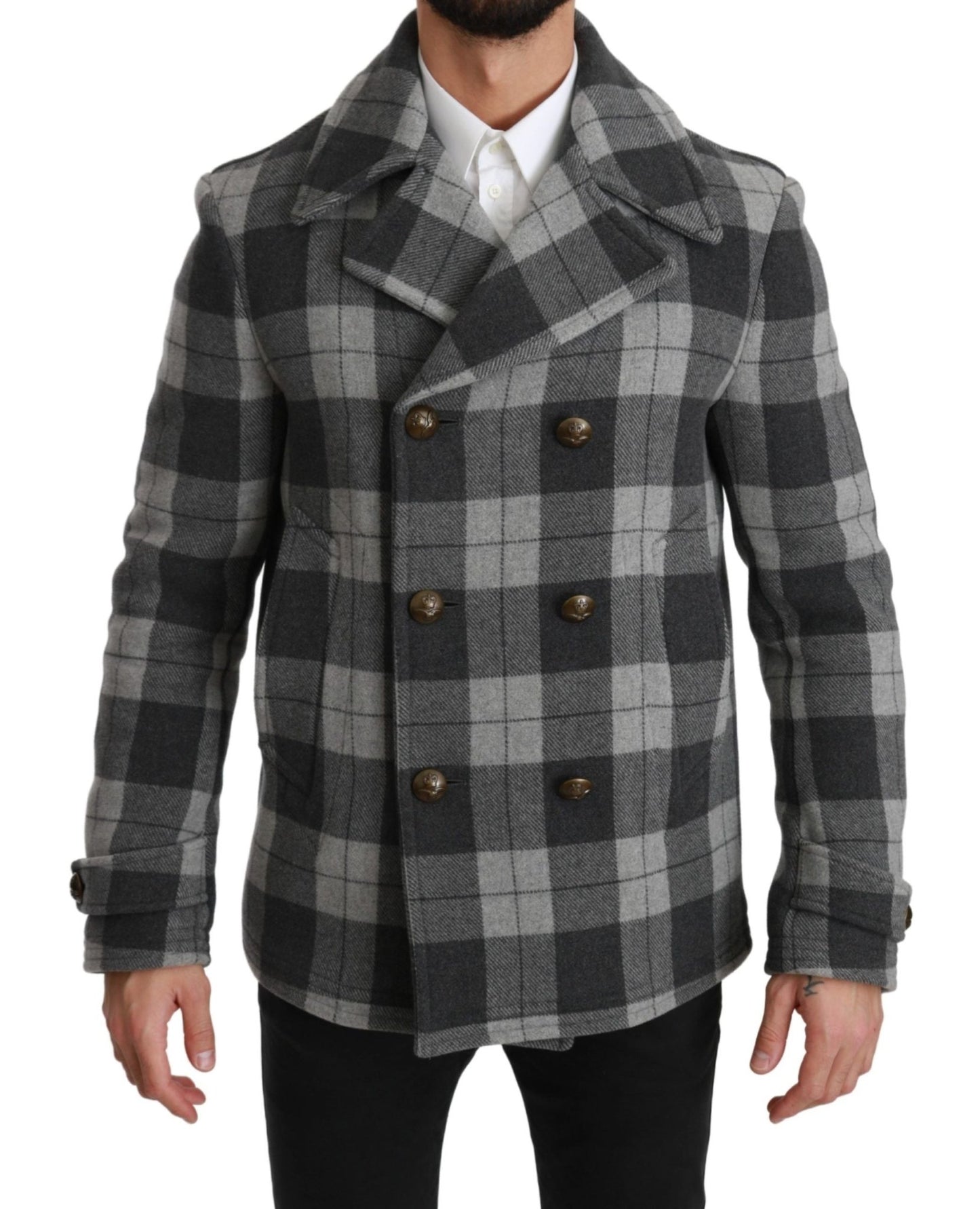 Dolce & Gabbana Elegant Gray Check Double Breasted Coat - Sandy Store ByNet