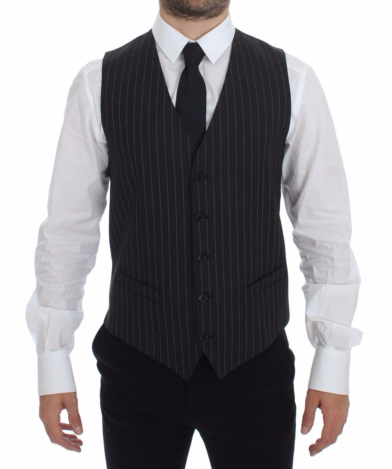Dolce & Gabbana Elegant Gray Striped Dress Vest - Sandy Store ByNet