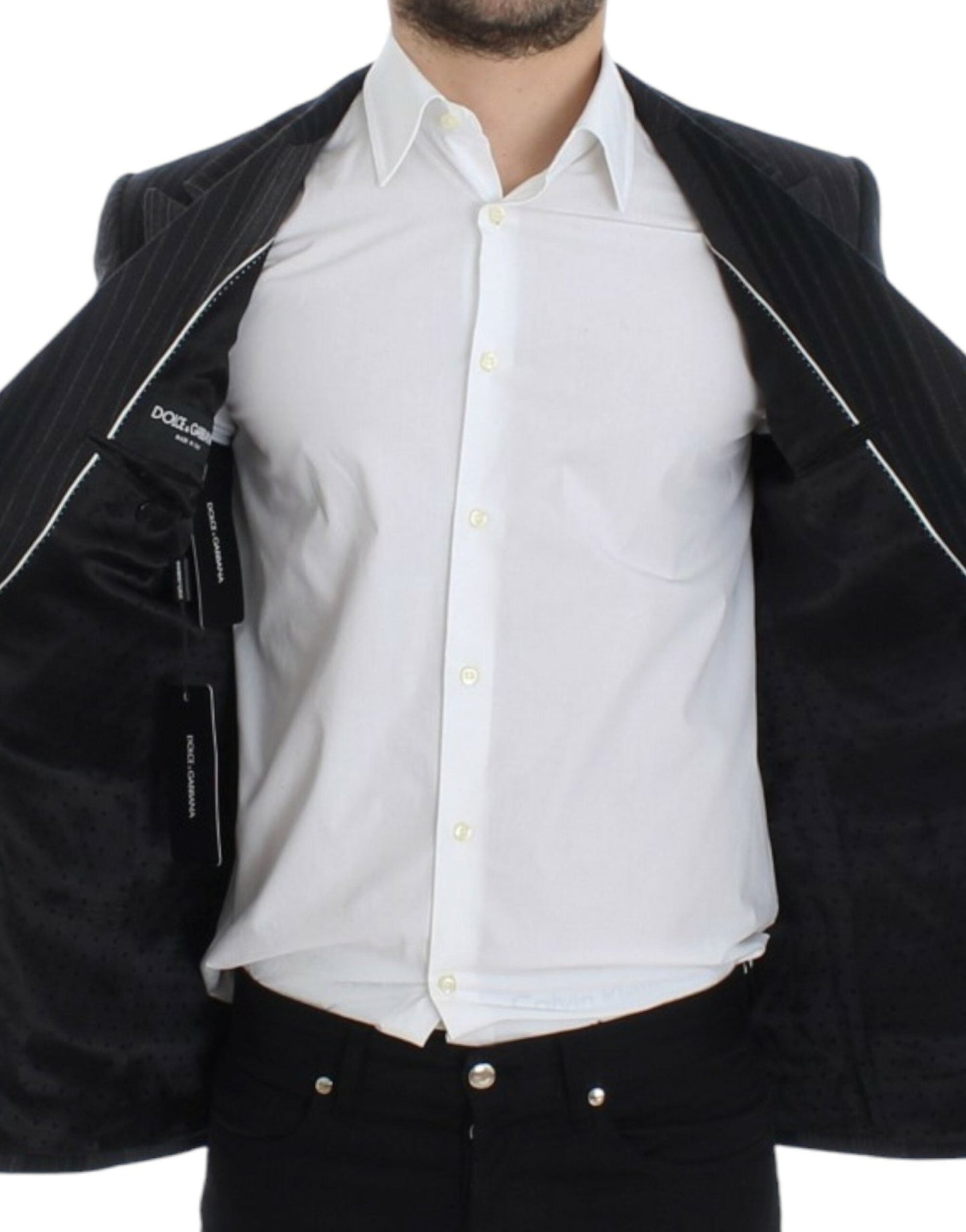 Dolce & Gabbana Elegant Gray Striped Wool Slim Blazer - Sandy Store ByNet