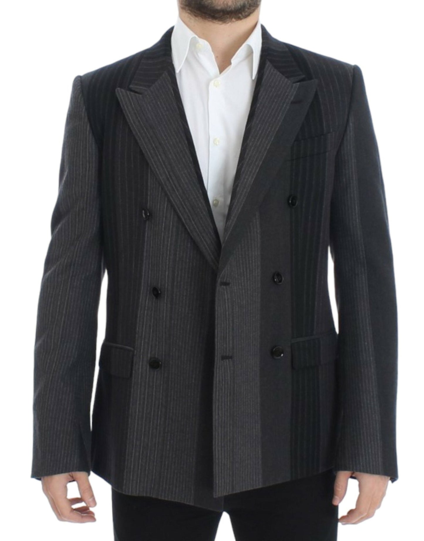 Dolce & Gabbana Elegant Gray Striped Wool Slim Blazer - Sandy Store ByNet