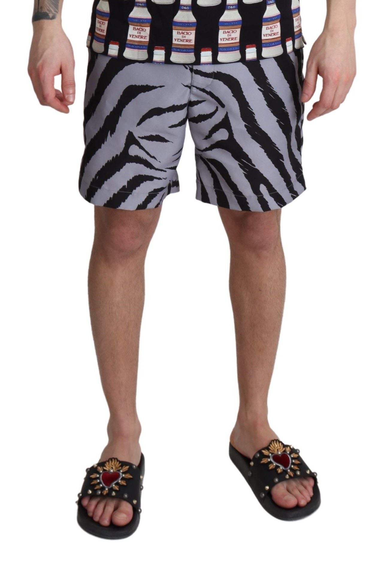 Dolce & Gabbana Elegant Gray Zebra Print Swim Trunks - Sandy Store ByNet
