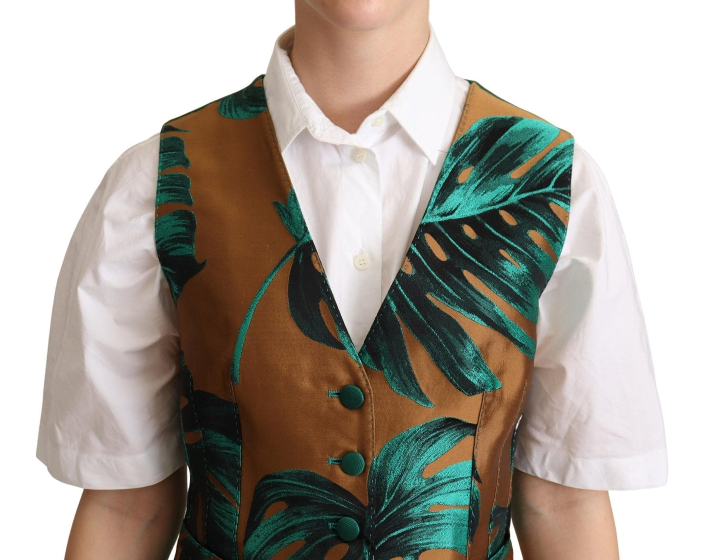 Dolce & Gabbana Elegant Green Leaf Print Waistcoat - Sandy Store ByNet