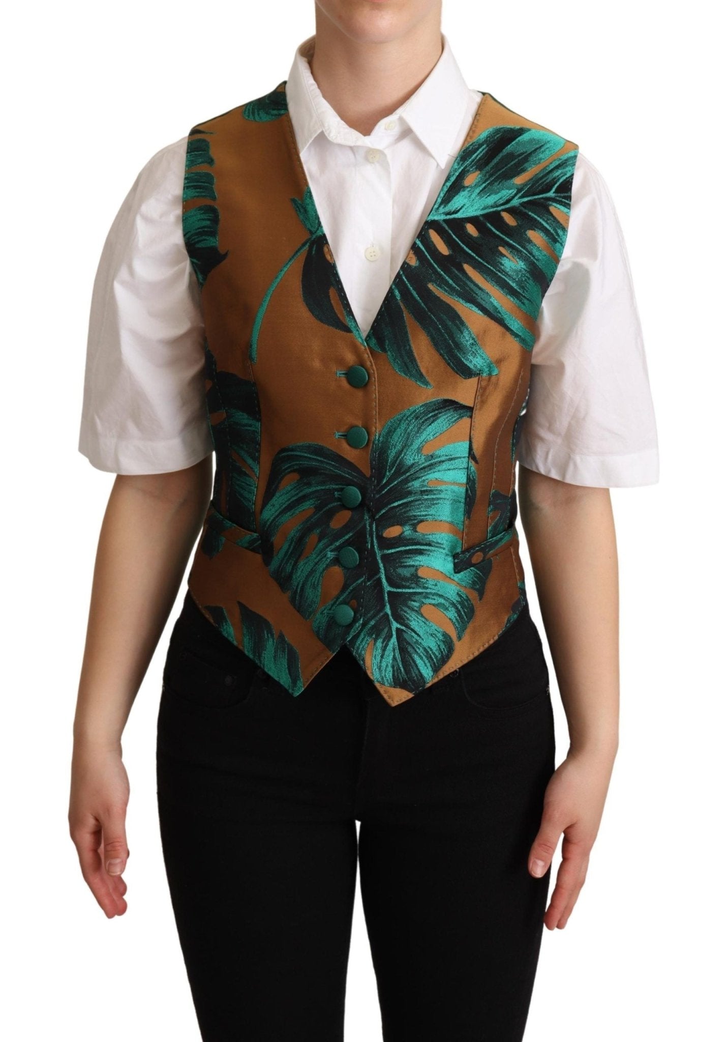 Dolce & Gabbana Elegant Green Leaf Print Waistcoat - Sandy Store ByNet