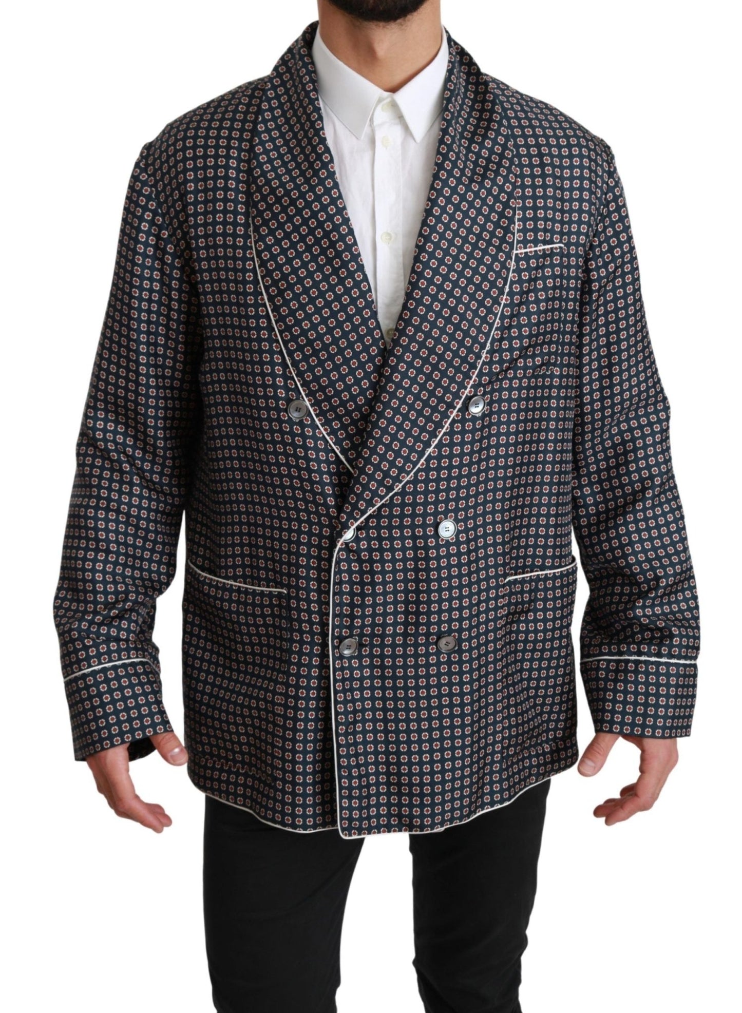 Dolce & Gabbana Elegant Navy Silk Double Breasted Coat - Sandy Store ByNet