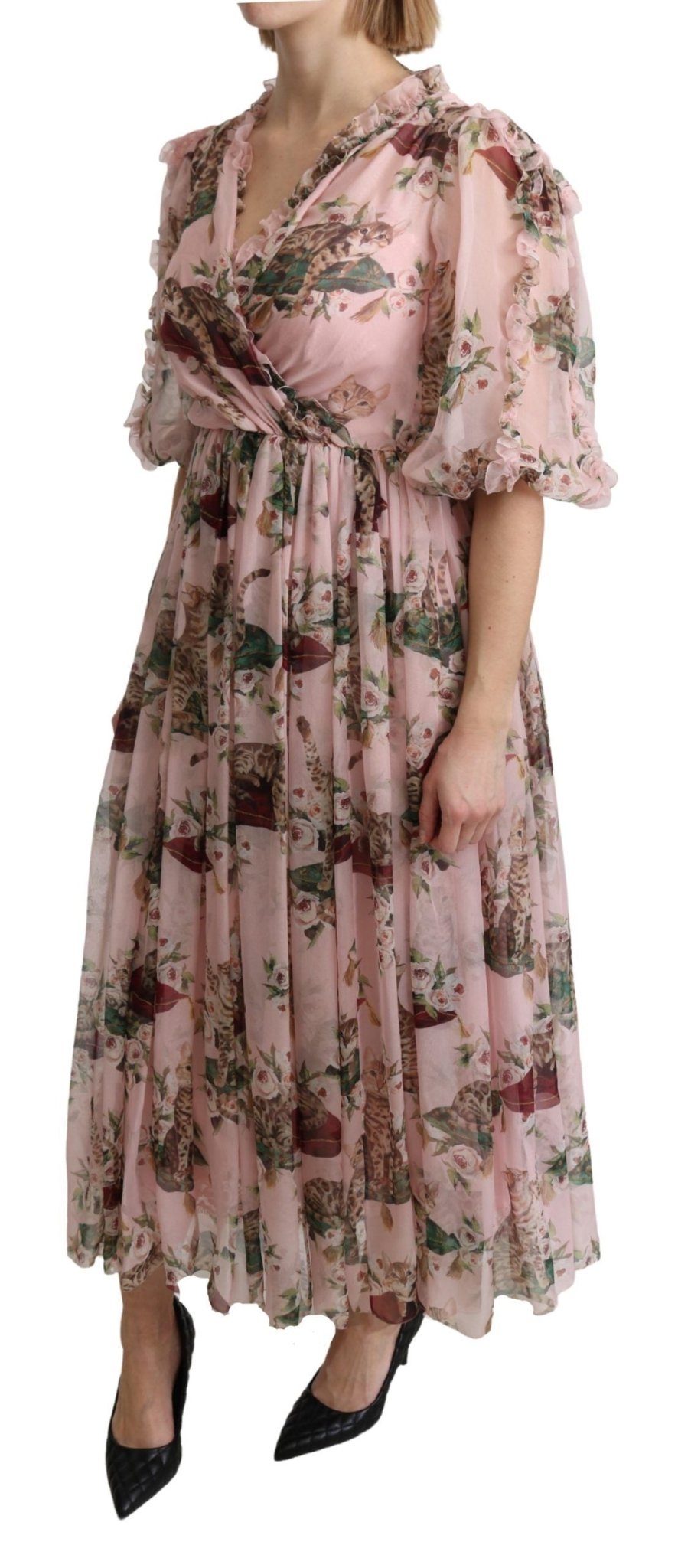 Dolce & Gabbana Elegant Pink Bengal Cat Print A - Line Maxi Dress - Sandy Store ByNet
