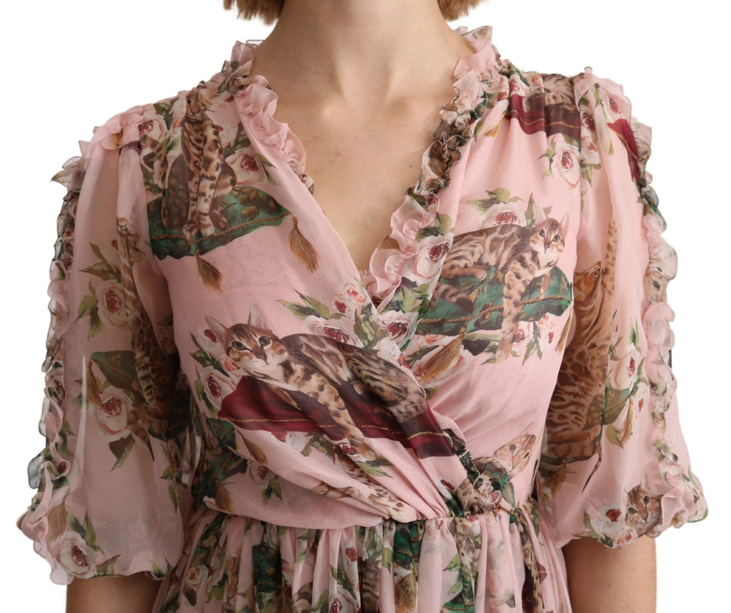 Dolce & Gabbana Elegant Pink Bengal Cat Print A - Line Maxi Dress - Sandy Store ByNet