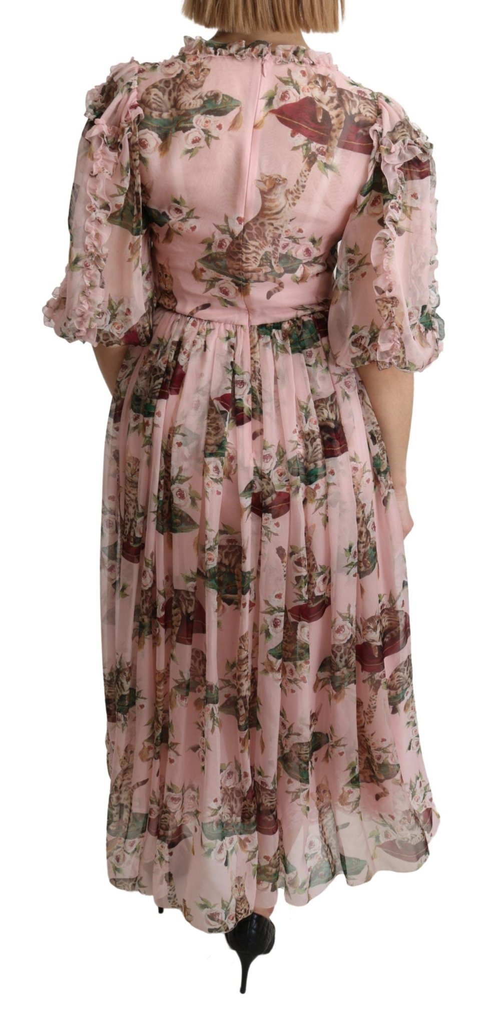 Dolce & Gabbana Elegant Pink Bengal Cat Print A - Line Maxi Dress - Sandy Store ByNet