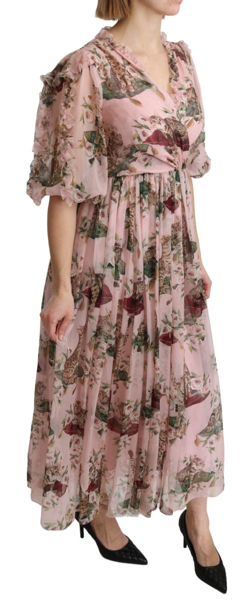 Dolce & Gabbana Elegant Pink Bengal Cat Print A - Line Maxi Dress - Sandy Store ByNet