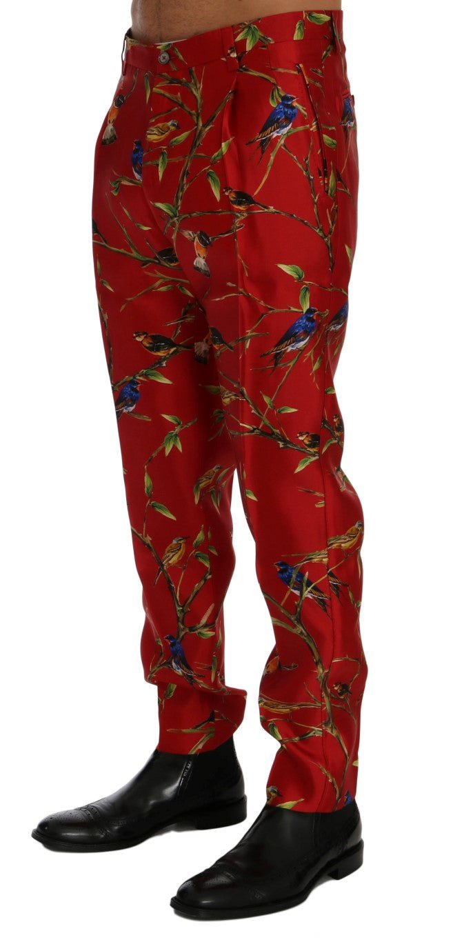 Dolce & Gabbana Elegant Silk Dress Trousers in Red Bird Print - Sandy Store ByNet
