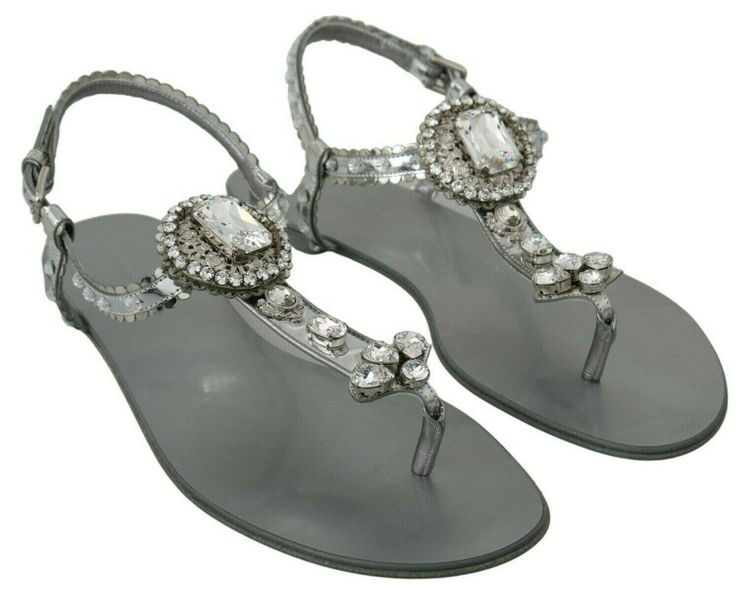 Dolce & Gabbana Elegant Silver Flats with Crystal Embellishments - Sandy Store ByNet