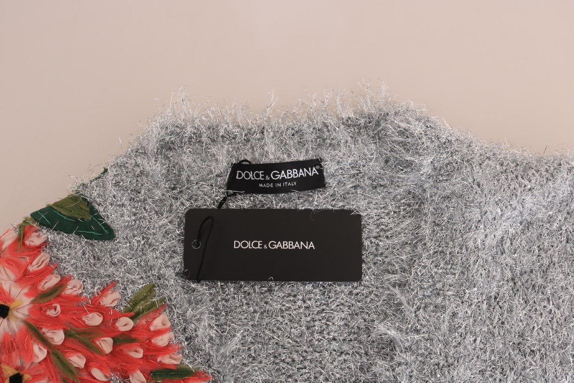 Dolce & Gabbana Elegant Silver Floral Applique Cardigan - Sandy Store ByNet