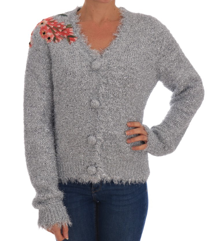 Dolce & Gabbana Elegant Silver Floral Applique Cardigan - Sandy Store ByNet
