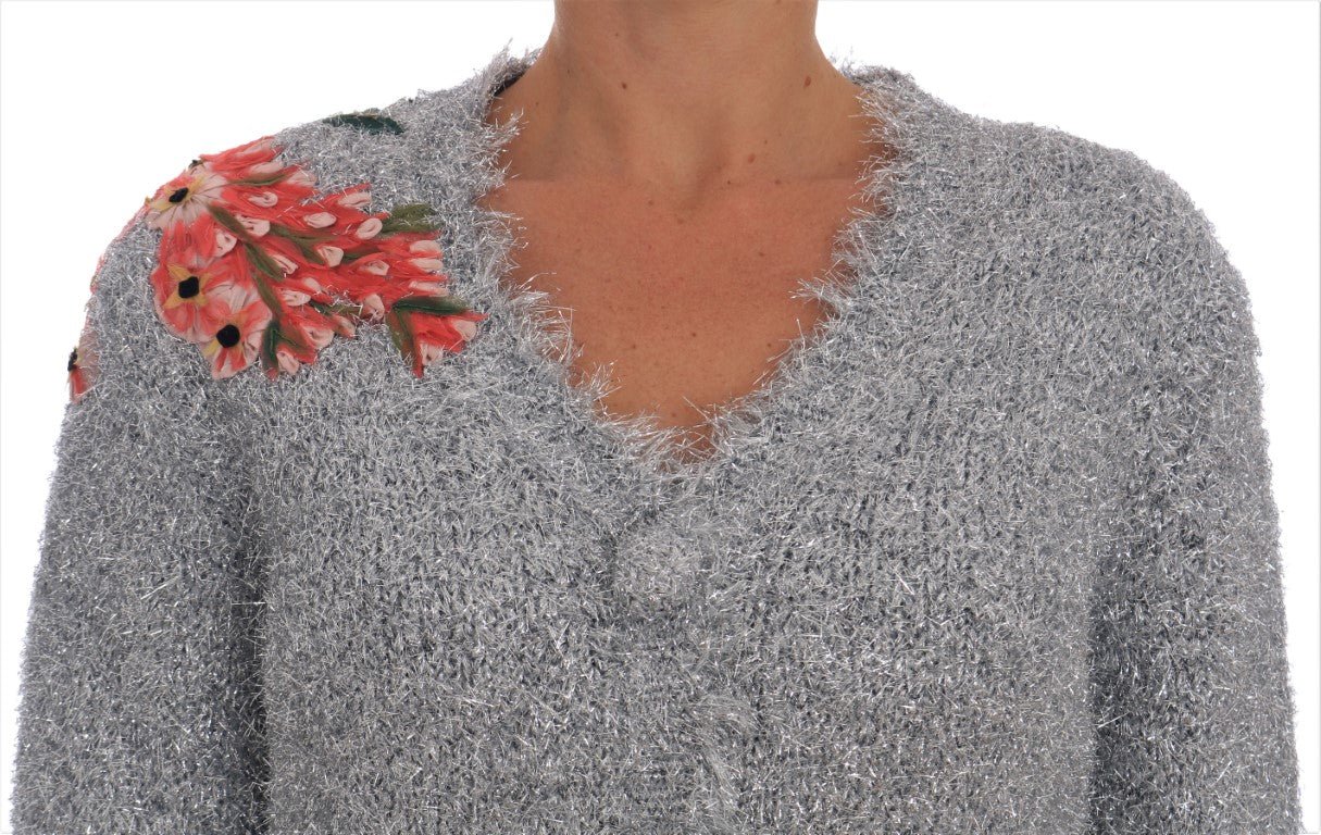 Dolce & Gabbana Elegant Silver Floral Applique Cardigan - Sandy Store ByNet