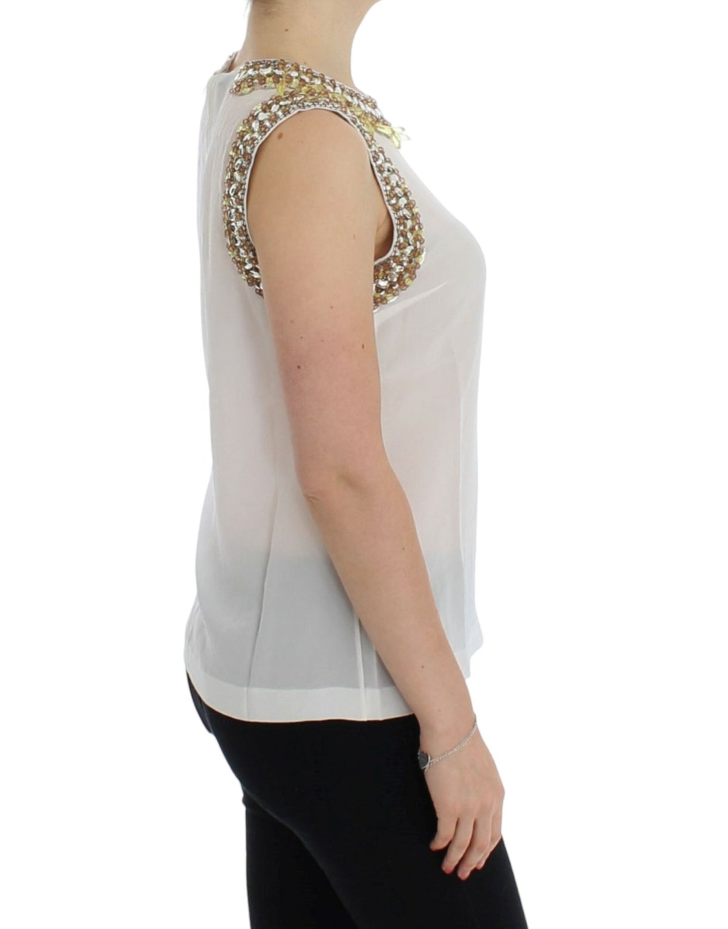 Dolce & Gabbana Elegant Sleeveless Silk Blouse with Crystal Embellishment - Sandy Store ByNet