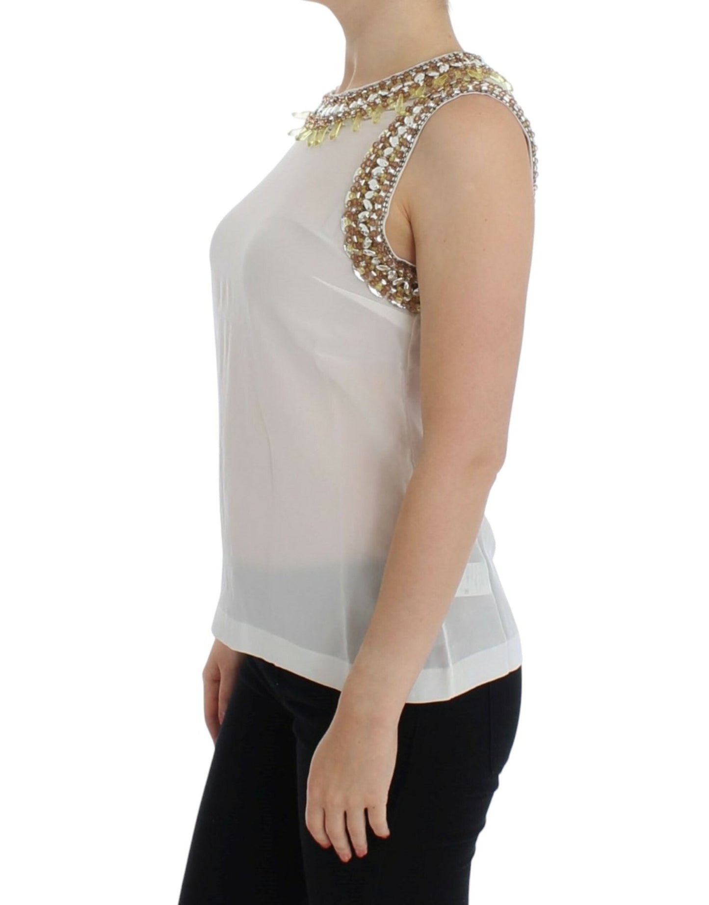 Dolce & Gabbana Elegant Sleeveless Silk Blouse with Crystal Embellishment - Sandy Store ByNet
