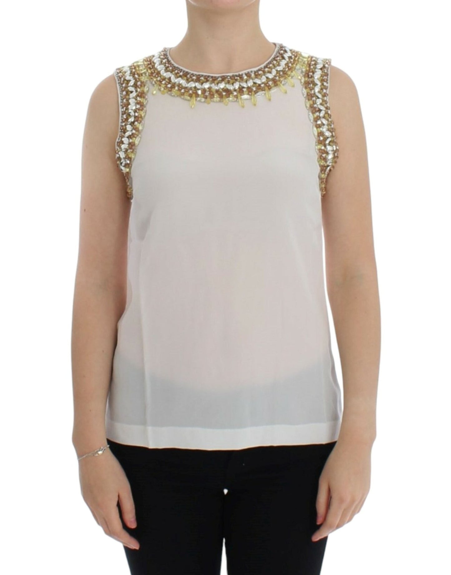 Dolce & Gabbana Elegant Sleeveless Silk Blouse with Crystal Embellishment - Sandy Store ByNet