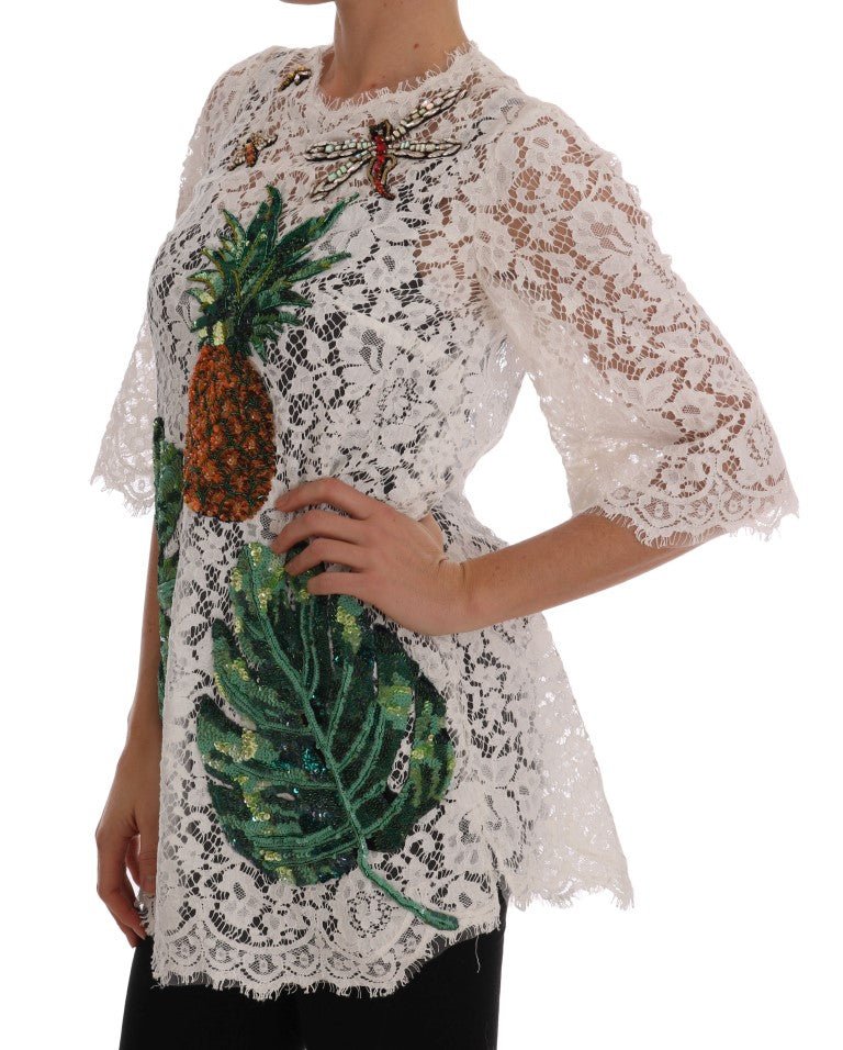 Dolce & Gabbana Elegant White Lace Embellished Mini Blouse - Sandy Store ByNet