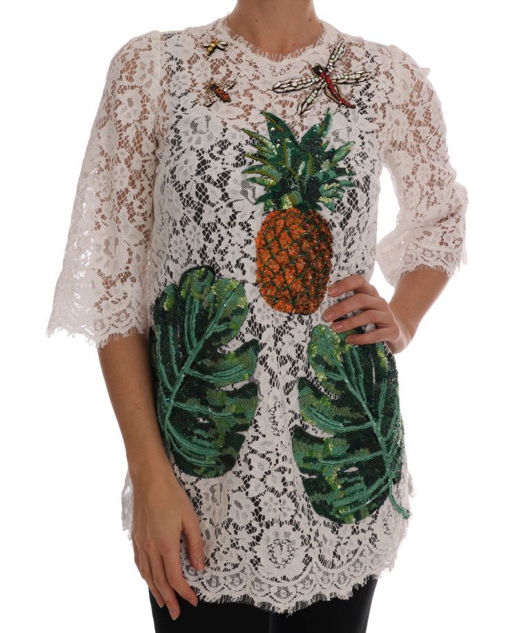 Dolce & Gabbana Elegant White Lace Embellished Mini Blouse - Sandy Store ByNet