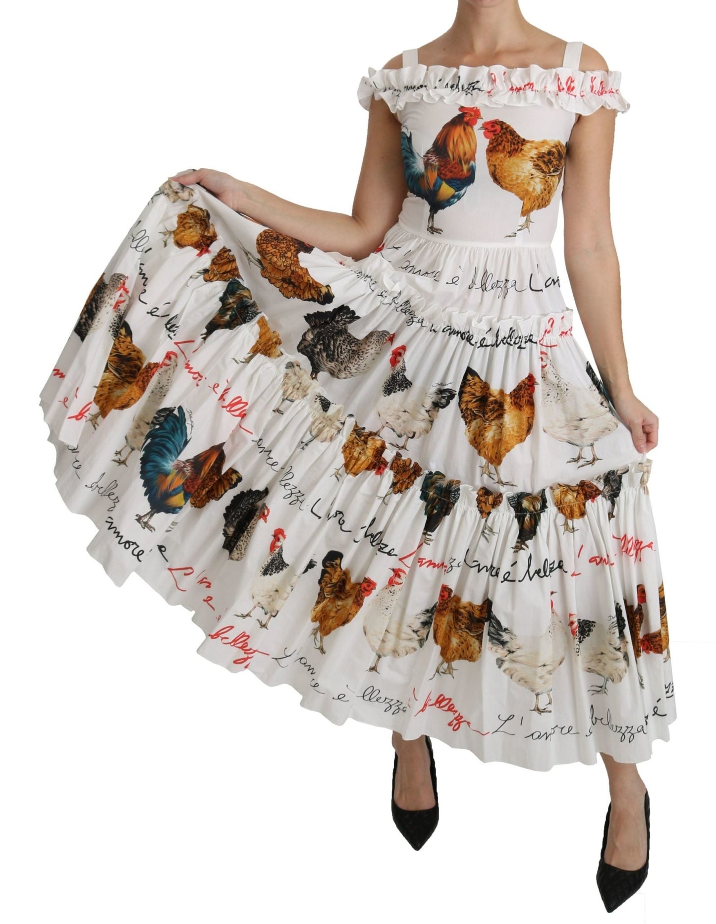 Dolce & Gabbana Elegant White Rooster Print Sheath Midi Dress - Sandy Store ByNet