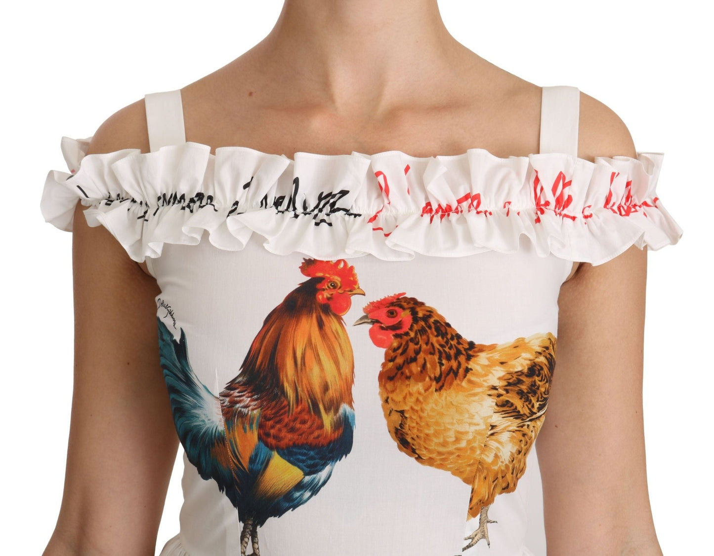 Dolce & Gabbana Elegant White Rooster Print Sheath Midi Dress - Sandy Store ByNet