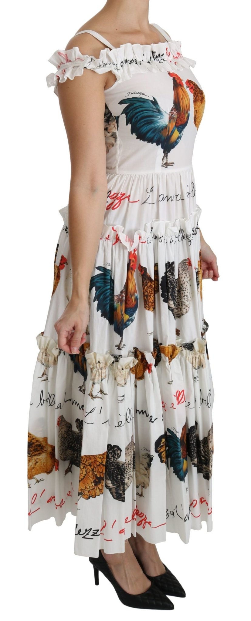 Dolce & Gabbana Elegant White Rooster Print Sheath Midi Dress - Sandy Store ByNet