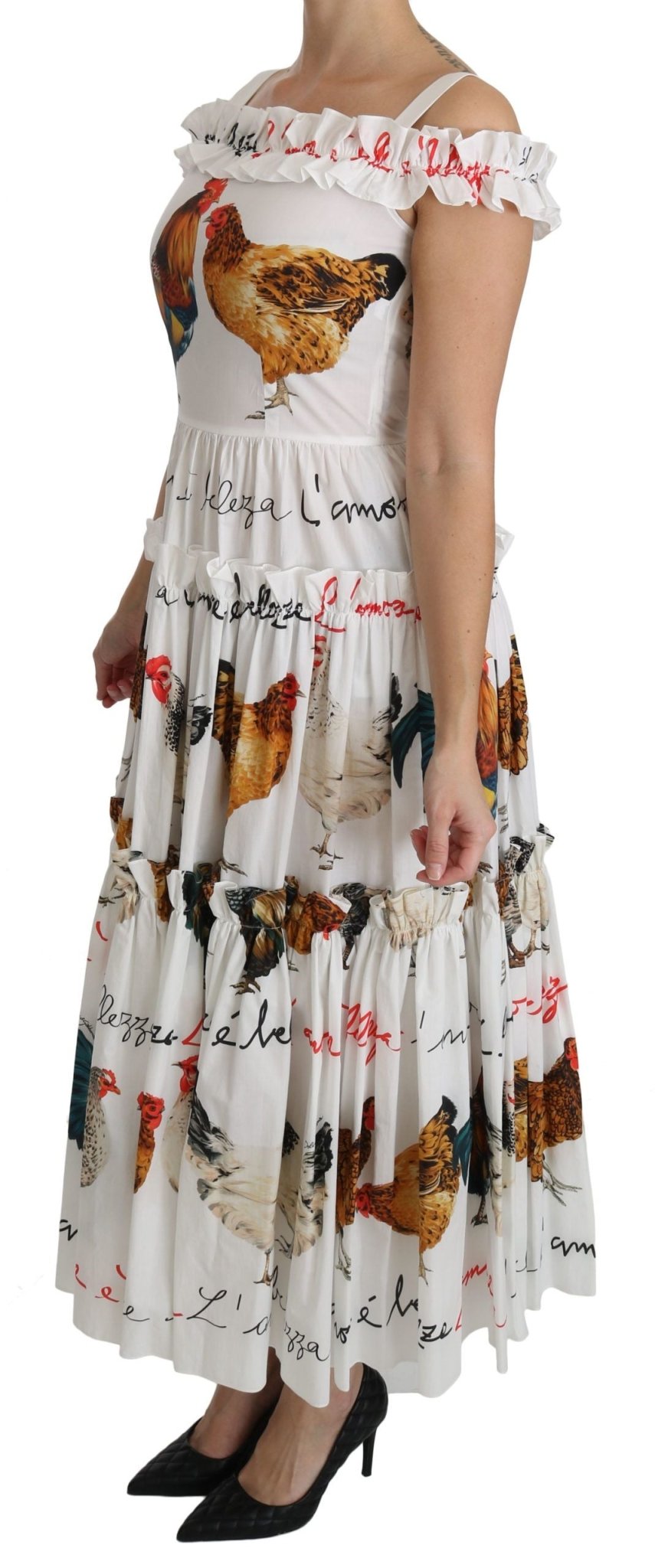 Dolce & Gabbana Elegant White Rooster Print Sheath Midi Dress - Sandy Store ByNet