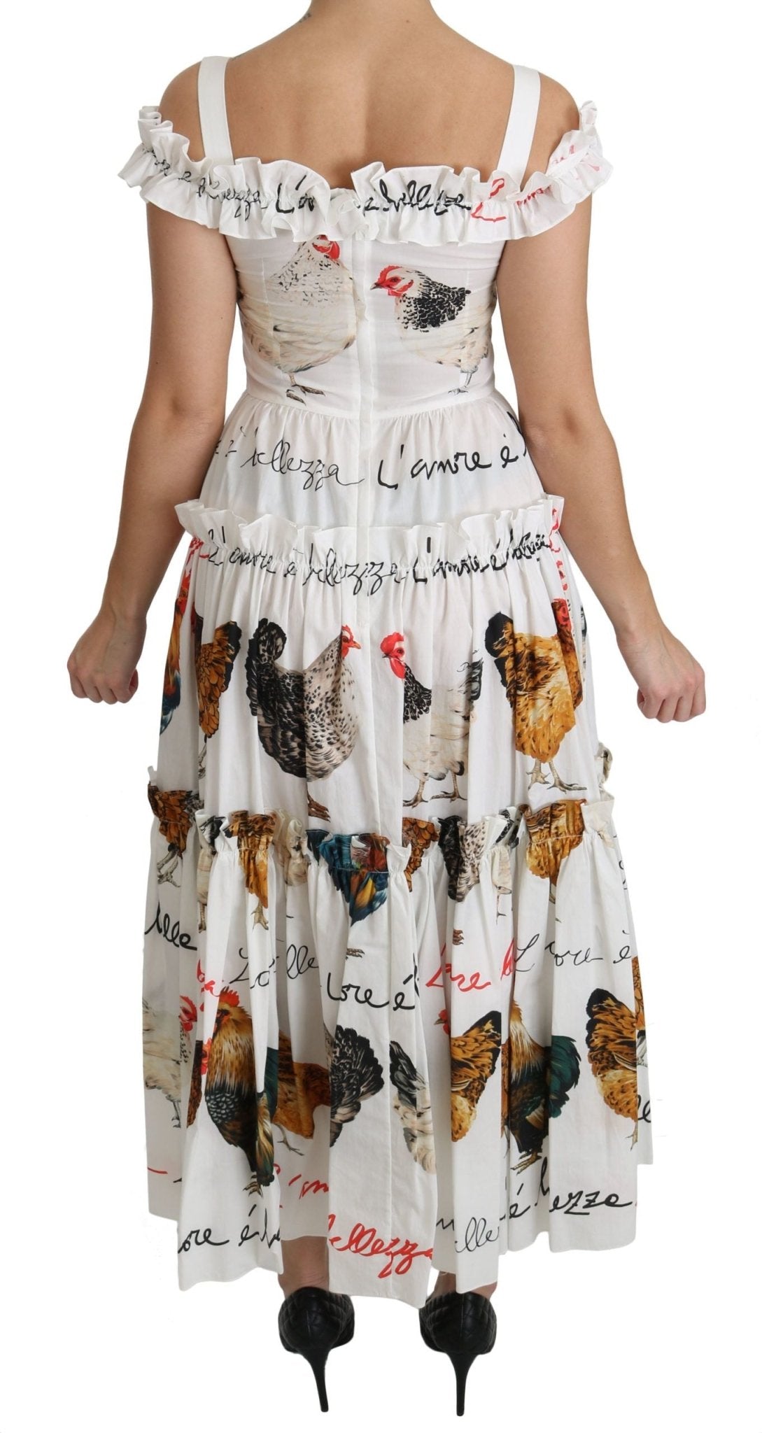 Dolce & Gabbana Elegant White Rooster Print Sheath Midi Dress - Sandy Store ByNet