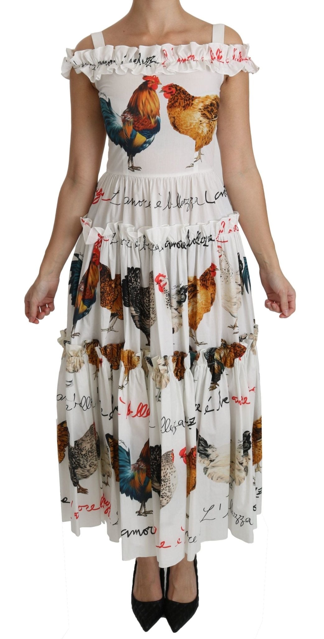 Dolce & Gabbana Elegant White Rooster Print Sheath Midi Dress - Sandy Store ByNet