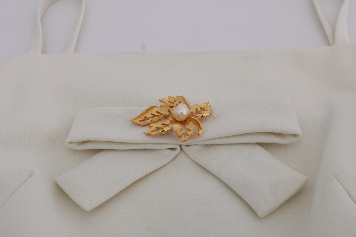 Dolce & Gabbana Elegant White Wool Shift Dress with Gold Brooch - Sandy Store ByNet