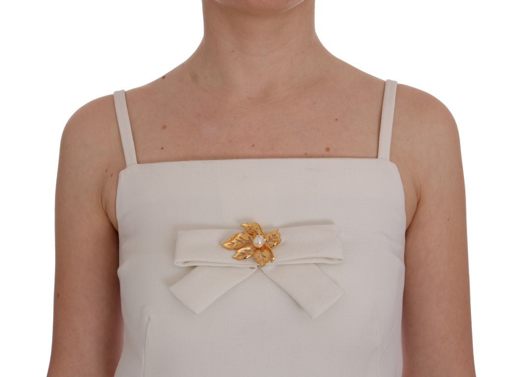 Dolce & Gabbana Elegant White Wool Shift Dress with Gold Brooch - Sandy Store ByNet