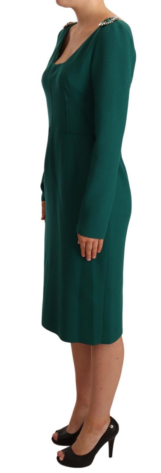 Dolce & Gabbana Emerald Green Midi Sheath Dress with Crystal Brooch - Sandy Store ByNet