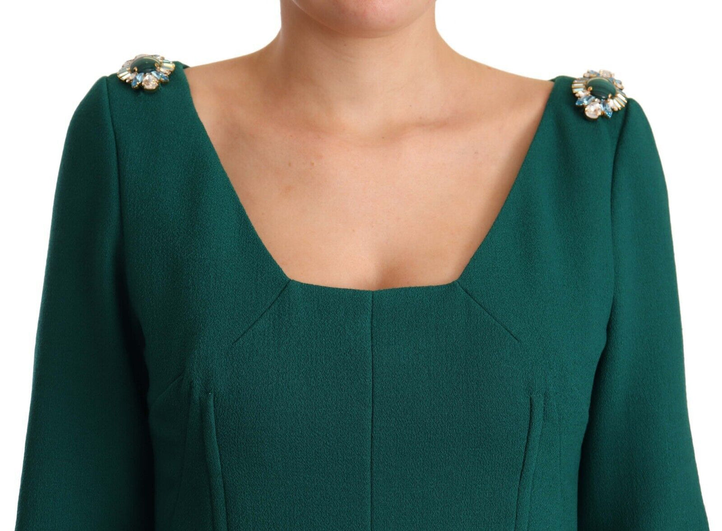 Dolce & Gabbana Emerald Green Midi Sheath Dress with Crystal Brooch - Sandy Store ByNet
