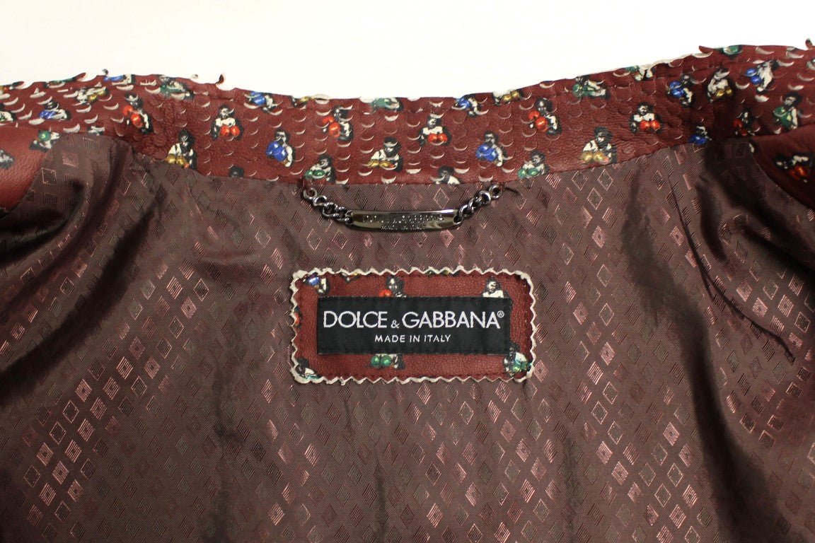 Dolce & Gabbana Exclusive Boxer Print Bordeaux Leather Jacket - Sandy Store ByNet