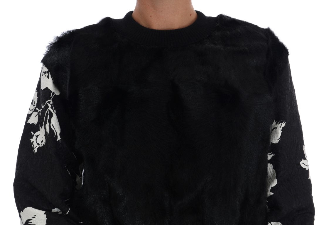 Dolce & Gabbana Floral Brocade Black Fur Sweater - Sandy Store ByNet