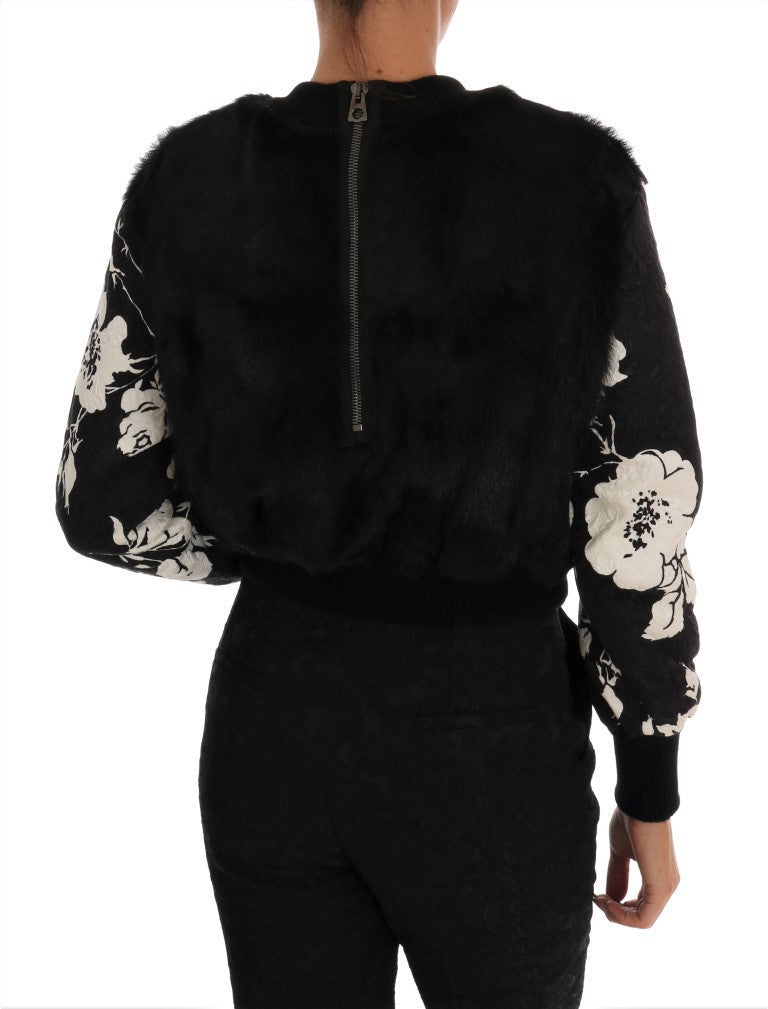 Dolce & Gabbana Floral Brocade Black Fur Sweater - Sandy Store ByNet