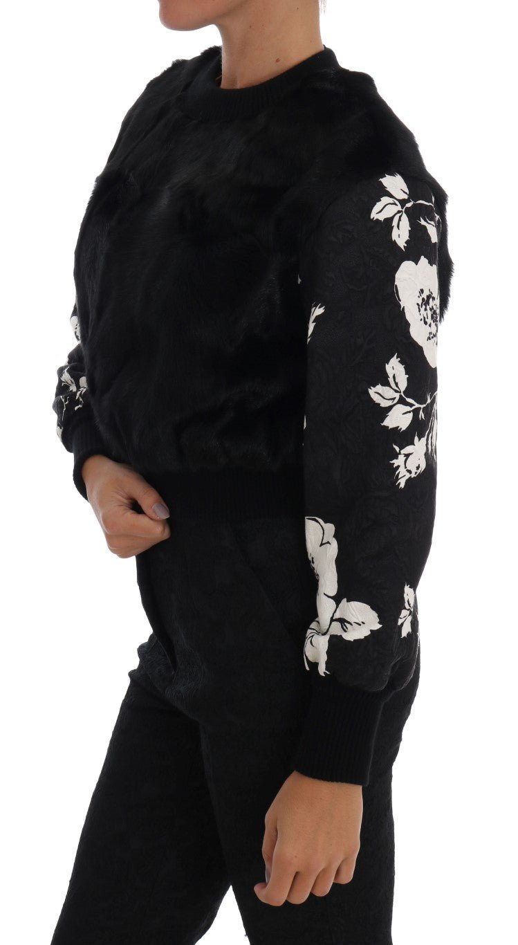 Dolce & Gabbana Floral Brocade Black Fur Sweater - Sandy Store ByNet