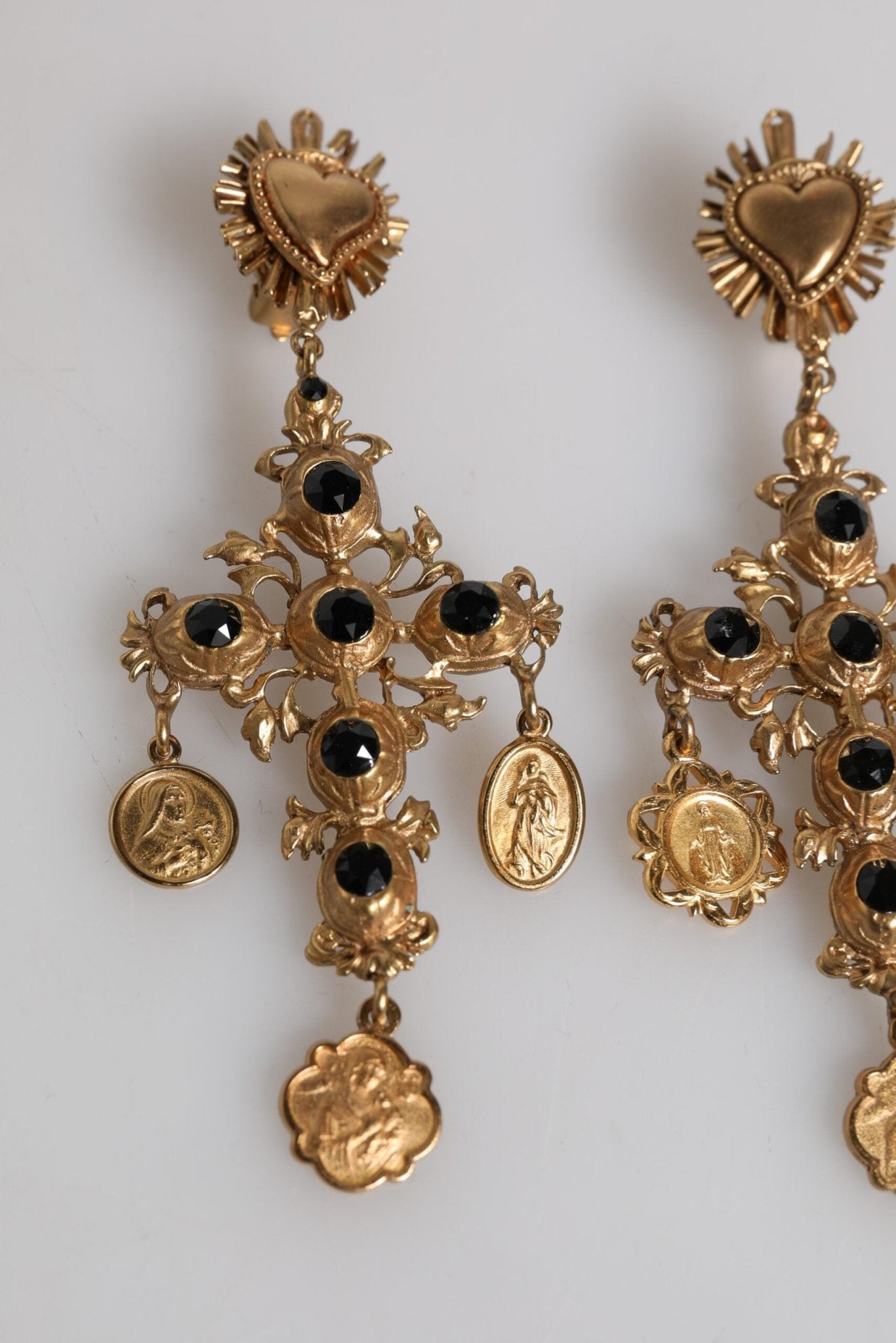 Dolce & Gabbana Gold Black Crystal Cross Sacred Heart Dangling Earrings - Sandy Store ByNet