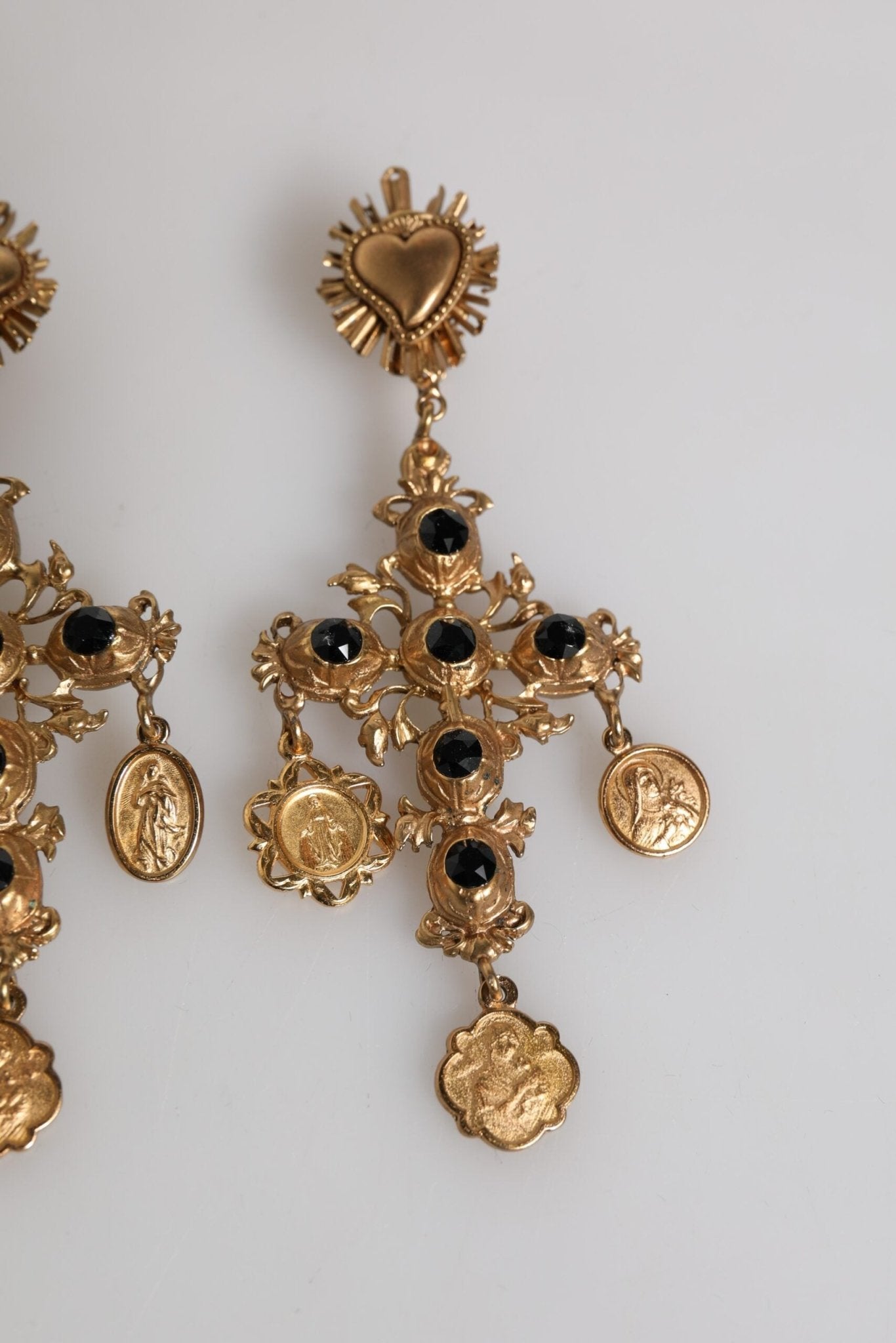 Dolce & Gabbana Gold Black Crystal Cross Sacred Heart Dangling Earrings - Sandy Store ByNet