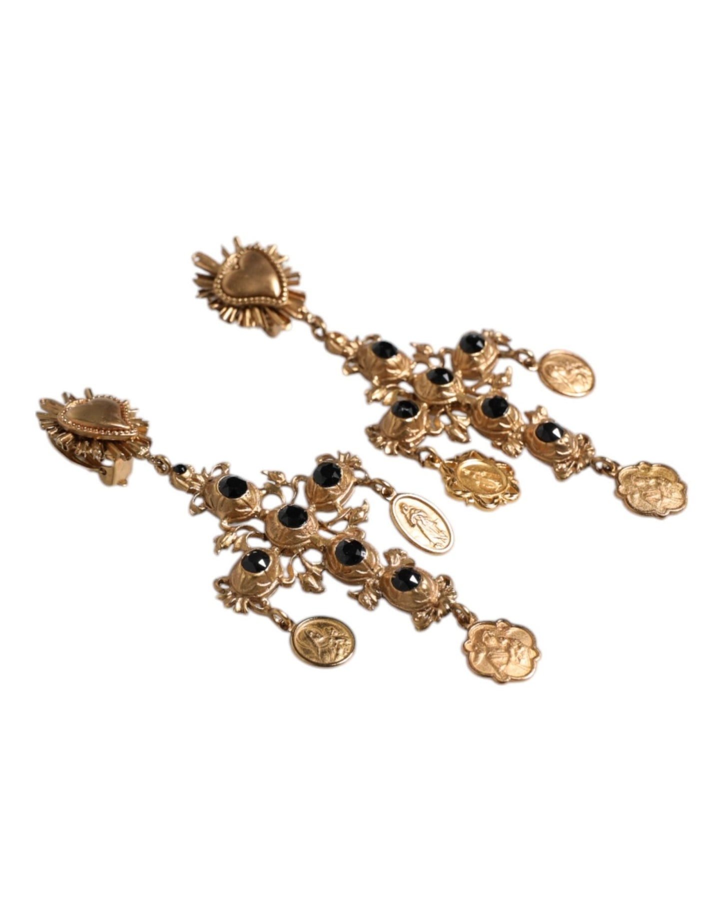 Dolce & Gabbana Gold Black Crystal Cross Sacred Heart Dangling Earrings - Sandy Store ByNet