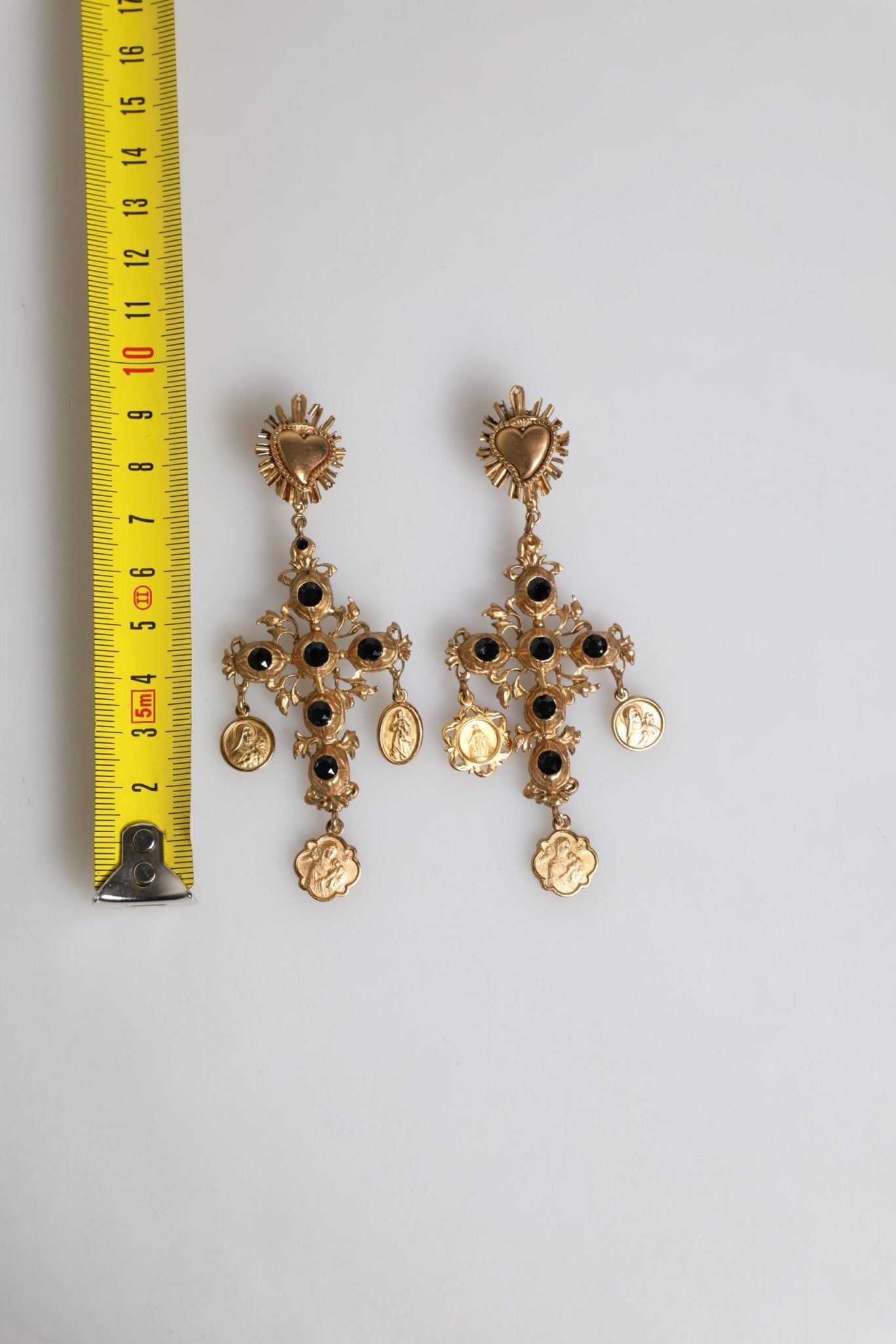 Dolce & Gabbana Gold Black Crystal Cross Sacred Heart Dangling Earrings - Sandy Store ByNet