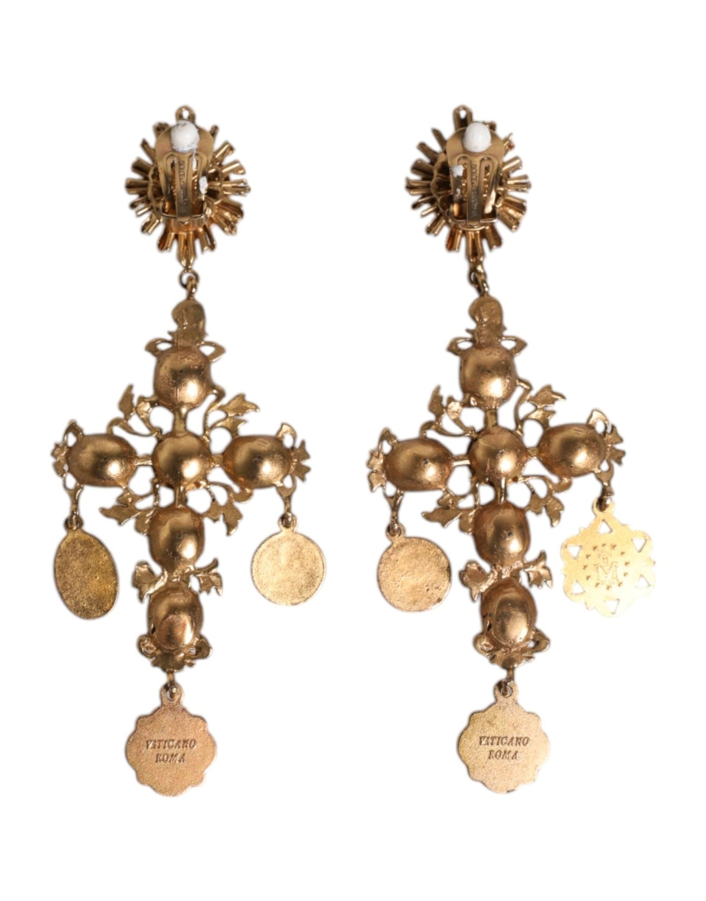 Dolce & Gabbana Gold Black Crystal Cross Sacred Heart Dangling Earrings - Sandy Store ByNet