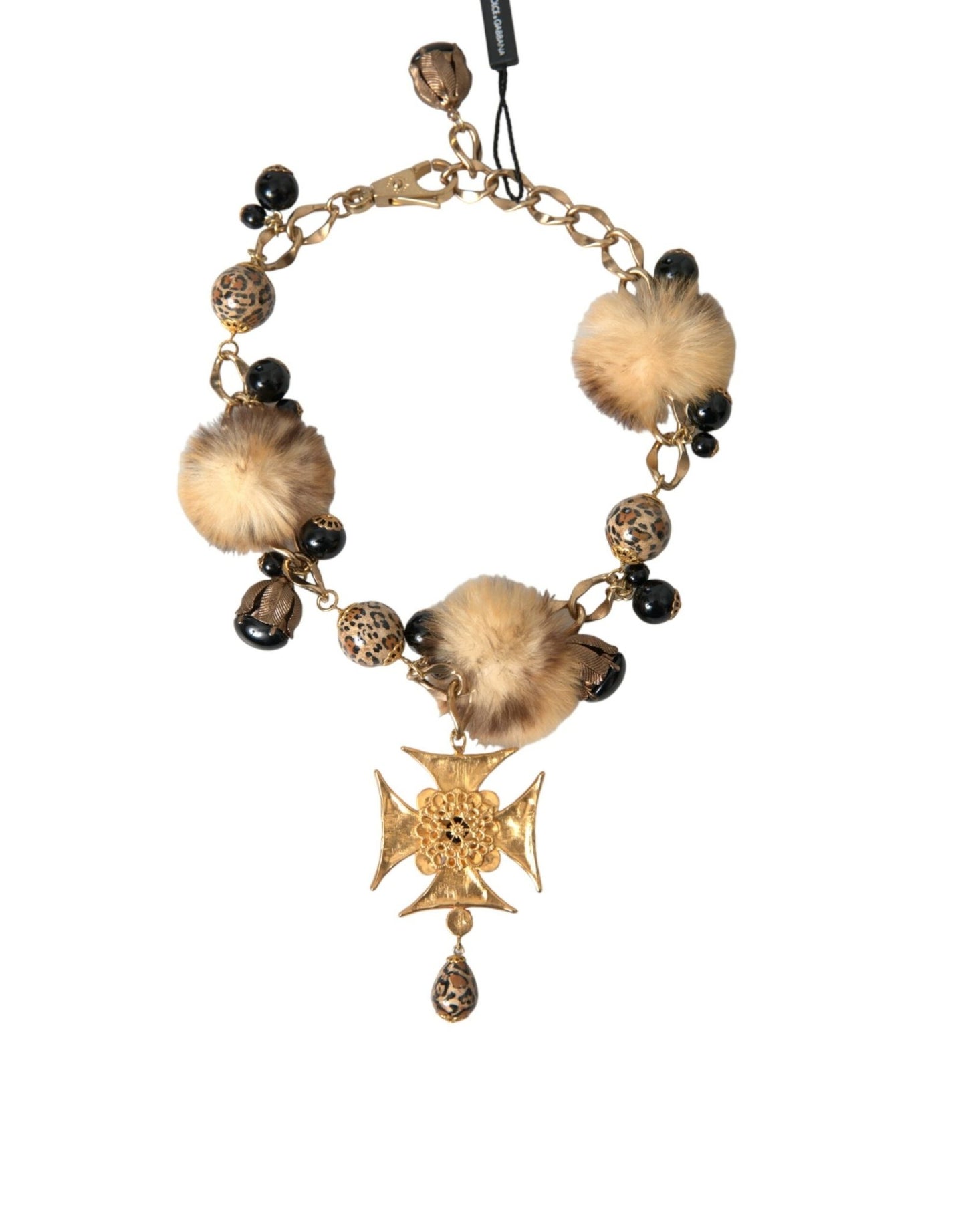 Dolce & Gabbana Gold Black Crystals Lapin Fur Filigree Chocker Necklace - Sandy Store ByNet