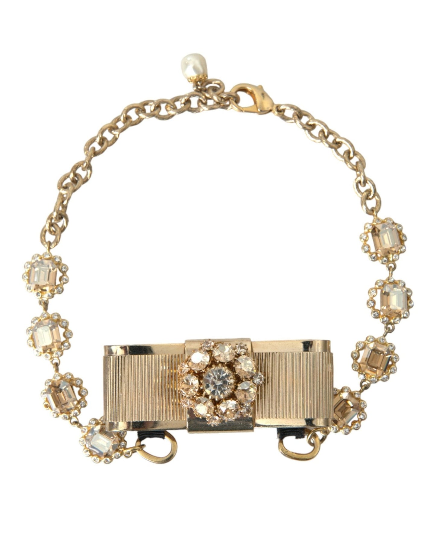 Dolce & Gabbana Gold Brass Clear Crystal Bow Chain Choker Necklace - Sandy Store ByNet