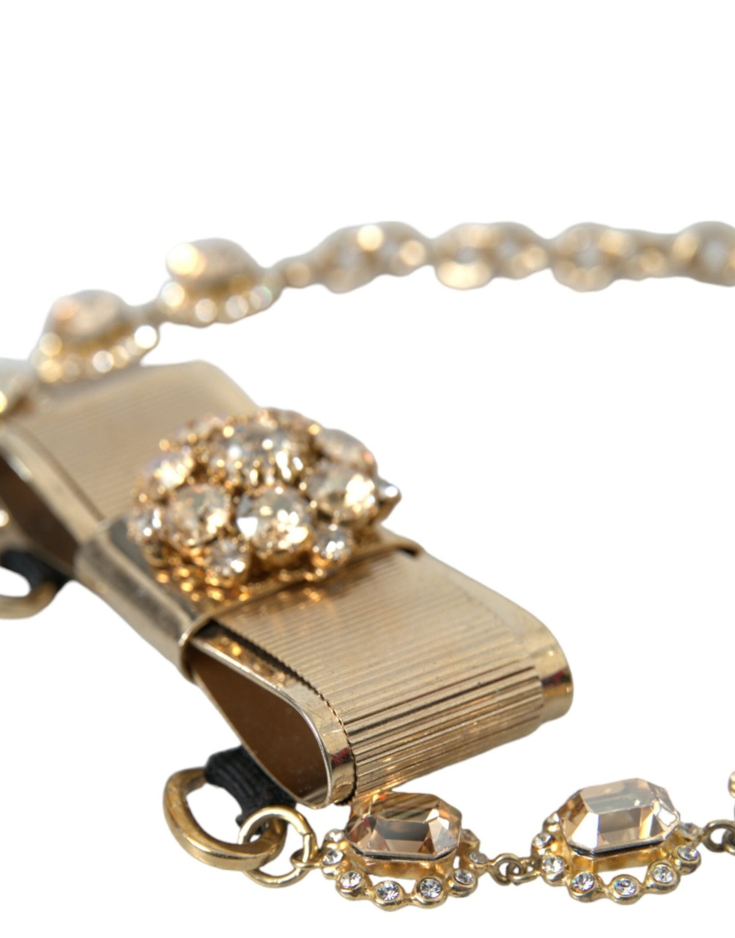 Dolce & Gabbana Gold Brass Clear Crystal Bow Chain Choker Necklace - Sandy Store ByNet