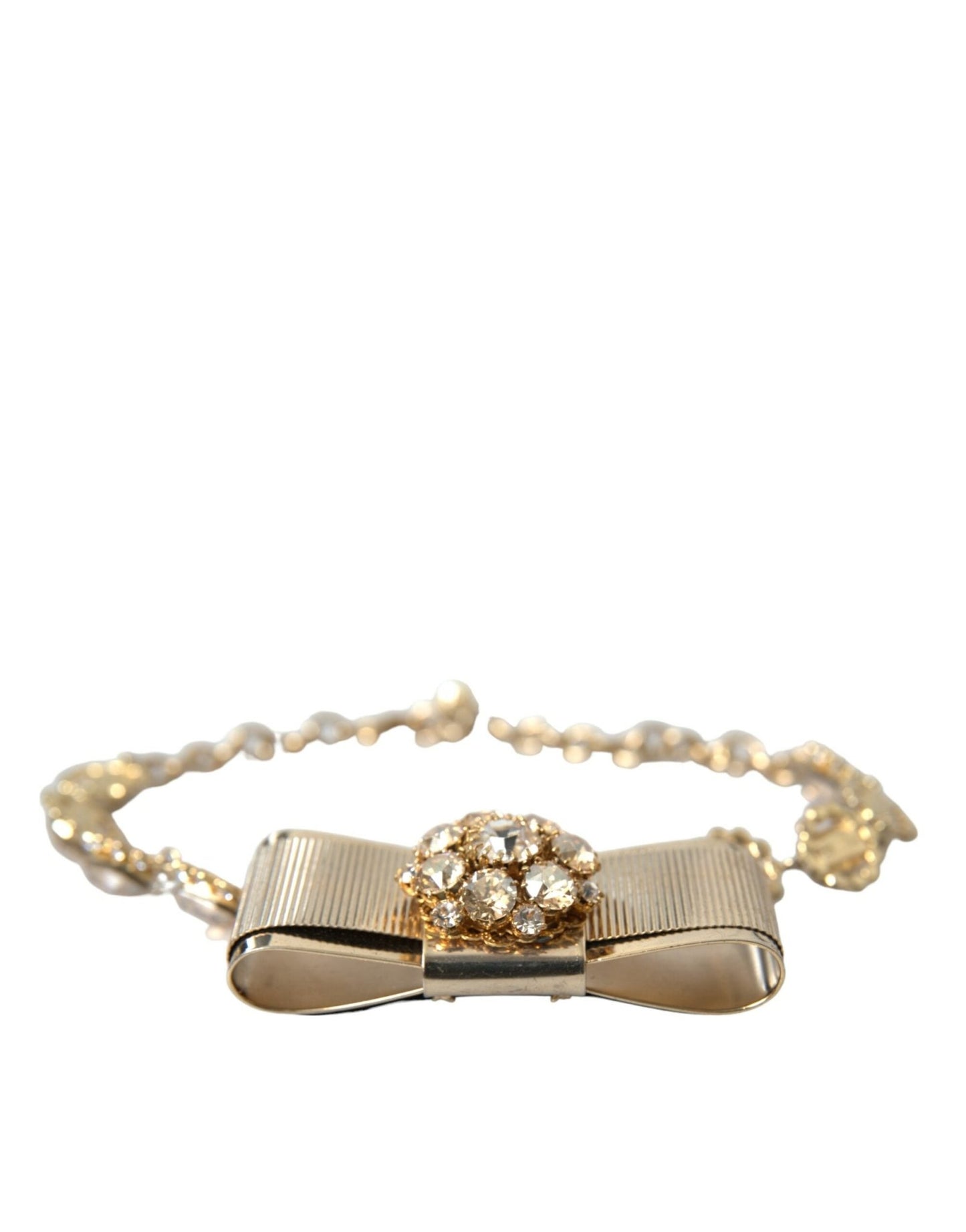 Dolce & Gabbana Gold Brass Clear Crystal Bow Chain Choker Necklace - Sandy Store ByNet