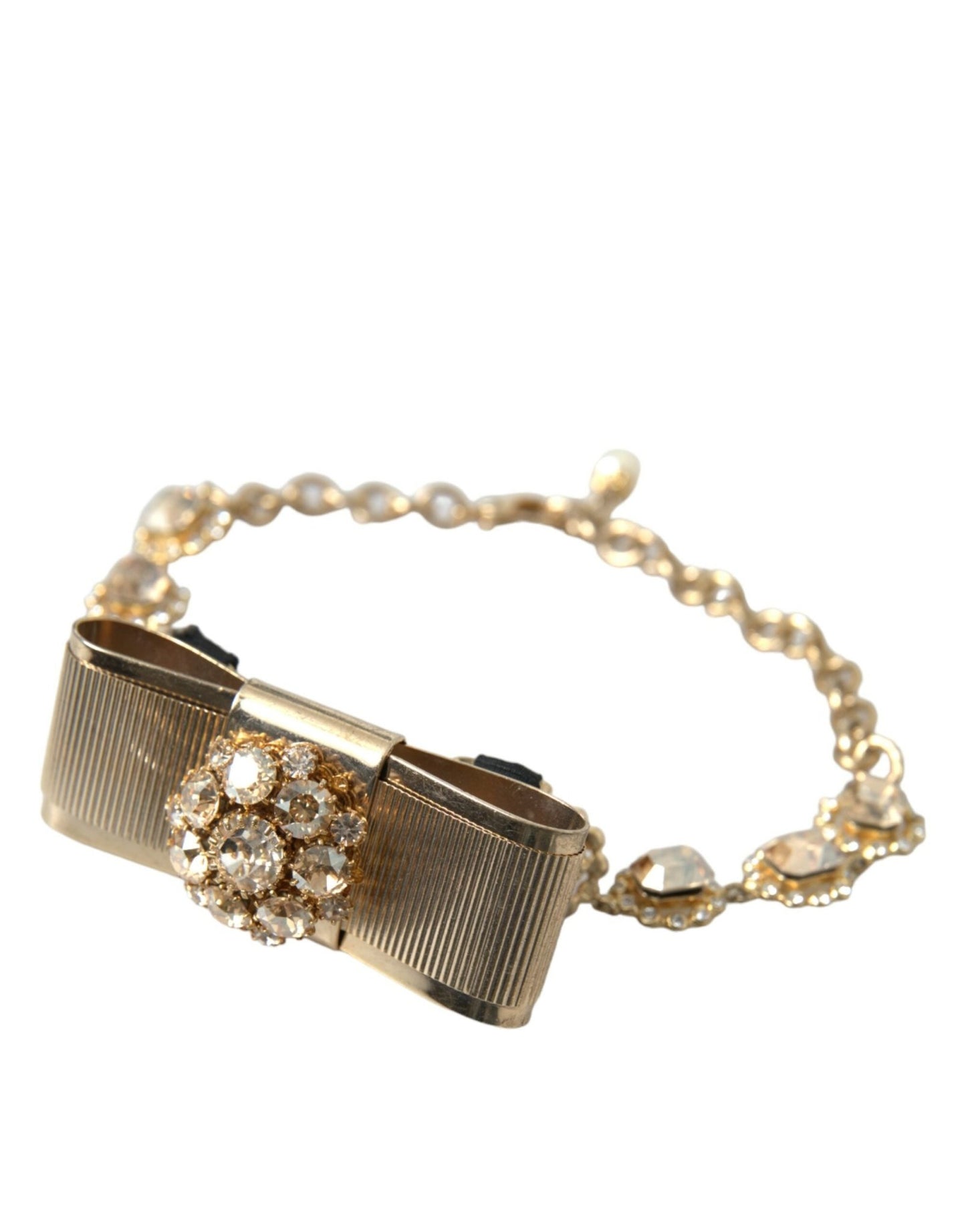 Dolce & Gabbana Gold Brass Clear Crystal Bow Chain Choker Necklace - Sandy Store ByNet