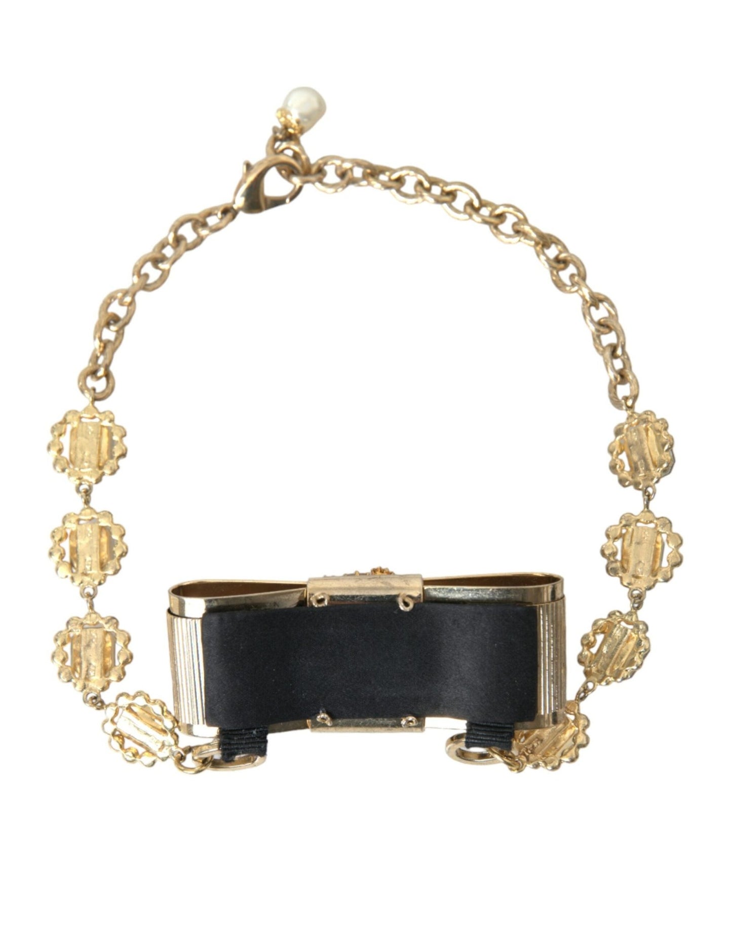 Dolce & Gabbana Gold Brass Clear Crystal Bow Chain Choker Necklace - Sandy Store ByNet