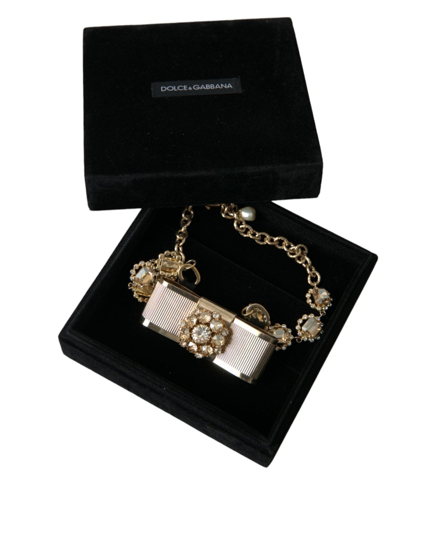 Dolce & Gabbana Gold Brass Clear Crystal Bow Chain Choker Necklace - Sandy Store ByNet